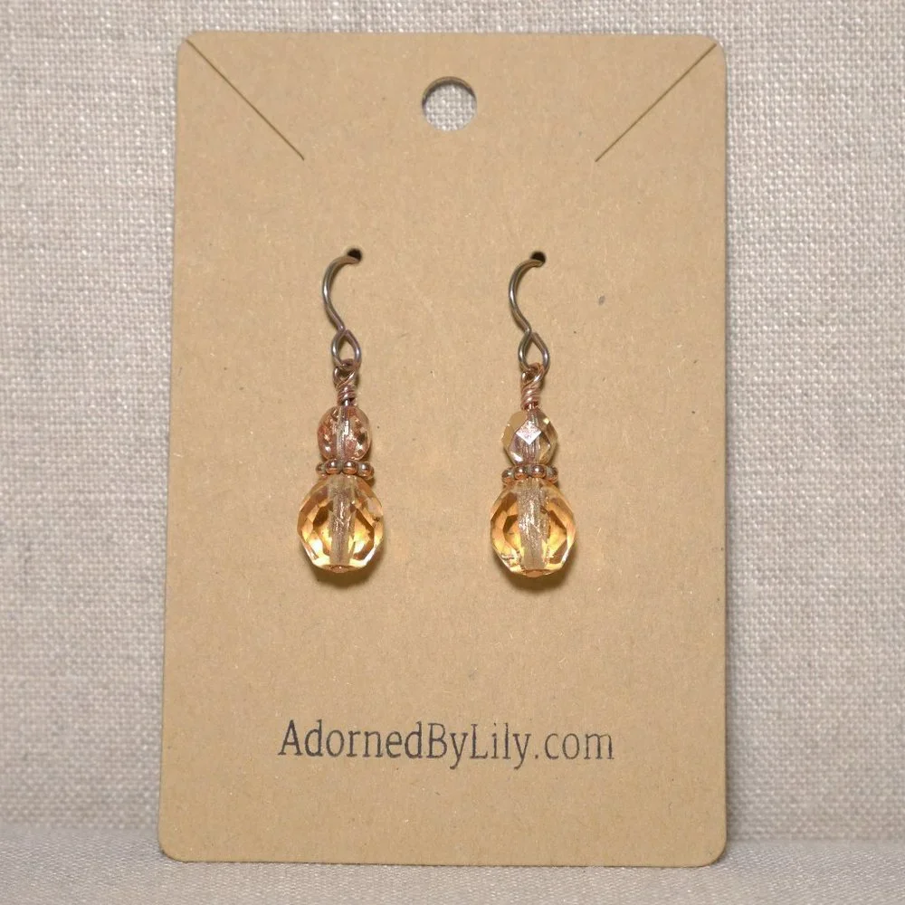 Hand Crafted Handmade Earrings Peach Czech Glass Beaded Dangle Earrings - Picture 2 of 4